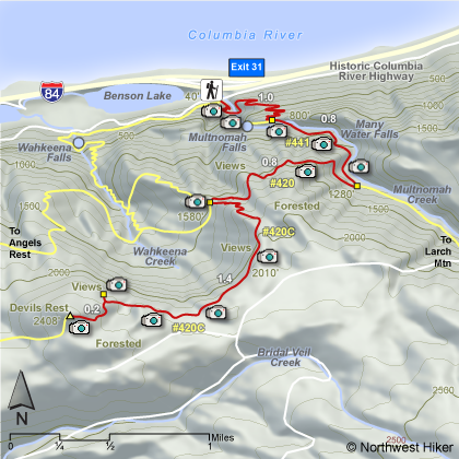 Multnomah Falls ~ Devil's Rest Hike map